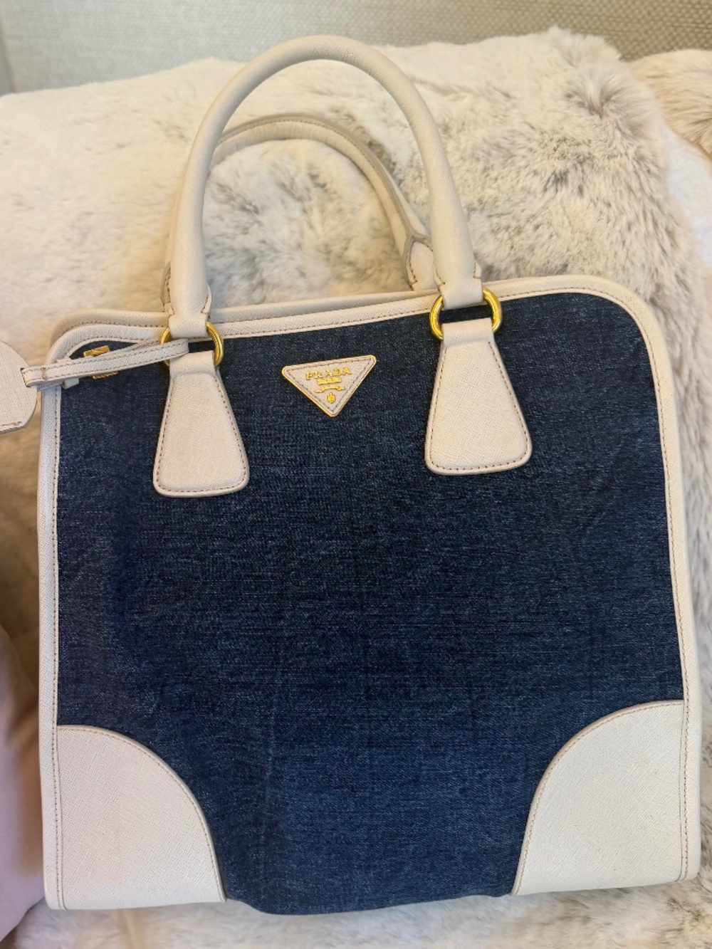Prada denim and white leather tote